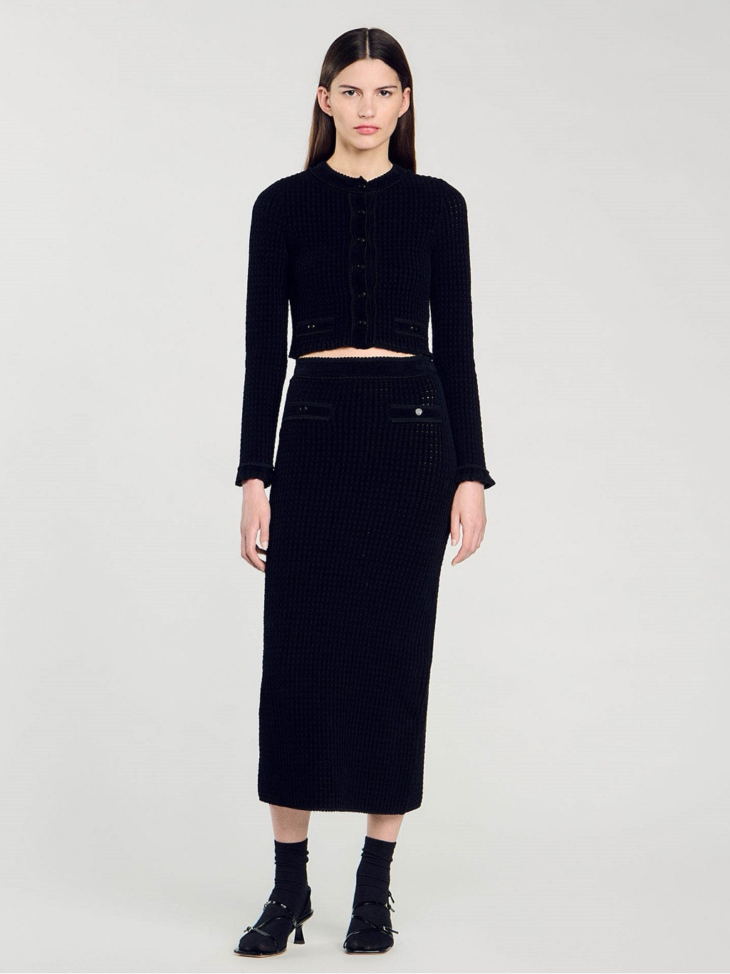 Sandro **Nwt** Leandra Black Velvet Pocket Knit Midi Skirt